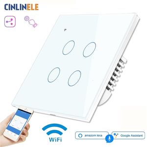 WIFI Touch Light Wall Switch White Glass Panel Blue LED EU & UK Universal Smart Home Phone Control 4 Gang 2 Way 90-240V Round T200605