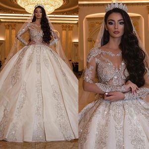 Luxurious Wedding Ball Dress Lace Sequined Long Sleeve Vintage Bridal Gowns Plus Size Elegant Dress Vestido De Novia