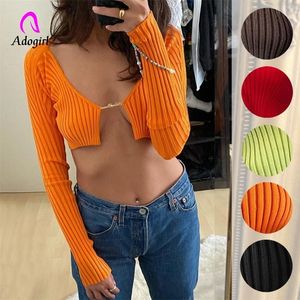 Knitted Ribbed Women T Shirt Autumn Spring Solid Long Sleeve Slim Crop Tops Sexy Low Cut Lace Up Night Club Party Outwear 220408