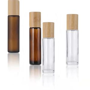 Frasco de rolo de óleo essencial 5ml 10ml 15ml Frascos de perfume de vidro fosco recarregáveis com rolo de aço inoxidável e embalagem cosmética de tampa de bambu
