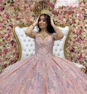 Quinceanera elbiseler pembe payetler dantel aplike kayışlar omuz tül özel yapım tatlı artı boyutu balo balo elbisesi