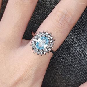 Fedi nuziali Lusso Anello veretto Intarsio Ovale Abbagliante Blu Zircone cubico Di tendenza Gioielli in argento Per Le donne Fidanzamento Anniversario RegaloMatrimonio