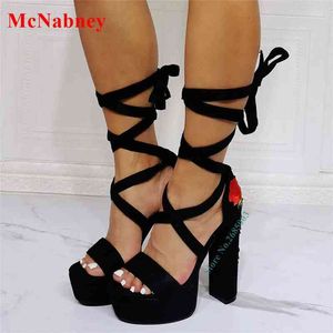 Cross Tied Rose Printed Sandals Open Toe Chunky High Heel Platform Lace Up Suede Women Summer Daliy Party Dress Show Sandals 220514