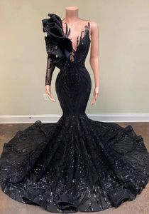 HOT! Sexy Long Elegant Evening Dresses 2022 Mermaid Style Single Long Sleeve Black Sequin applique African Girl Gala Prom Party gown