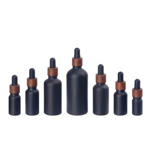 Cosmetic Bottle Empty Frost Black Round Shoulder Bamboo Wooden Collar Frost Top Refillable Container Essential Oil Vials 5ml 10ml 15ml 20ml 30ml 50ml 100ml