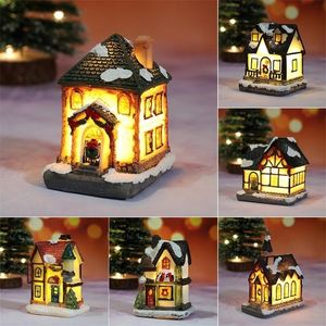 Fengrise Mini Christmas Resin House com LED Light Merry Decor for Home Xmas Tree Ornaments Navidad Ano Y201020