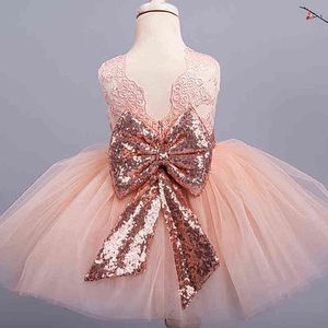 Sweet Big Bow Little Girls Dress Sleeveless Sequins Back V-neck Formal Princess Evening Gown Birthday Party Dress for Kids Baby Y220426