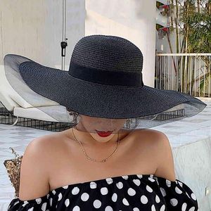 2022 New Sun Hats for Women Girls Wide Brim Floppy Straw Hat Summer Bohemia Beach Cap Ribbon Chapeau Black