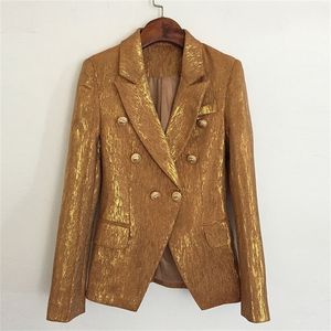 Högkvalitativ ny mode 2020 designer blazer jacka kvinnors lejon metallknappar dubbelbröst blazer yttre kappa guld LJ201021
