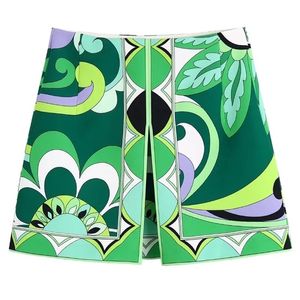 Traf Green Print Mini Skirts女性女性ハイウエストショートスカートスーツヴィンテージスリットファッションエレガントなスカートストリートウェア220701