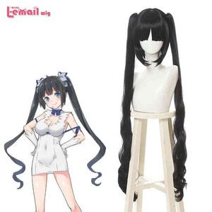 L-email wig Synthetic Hair Sword Oratoria Hestia Kami Sama Cosplay Wigs Long Black Loose Wave Ponytails Heat Resistant Wig220505