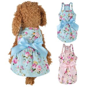Köpek giyim yaz elbisesi pamuk mavi askı etek bowknot gömlek kıyafetleri doğum günü küçük köpek yavrusu nefes alabilen köpekler için serin