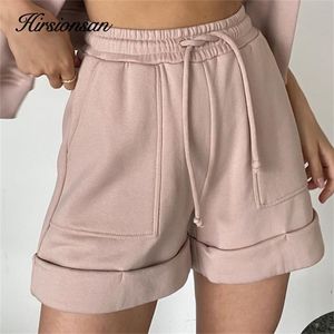 Hirsionsan 100% Cotton High Waist Shorts Women Summer Casual Soft Fashion Pants Elastic Loose Shorts with Pockets 220419