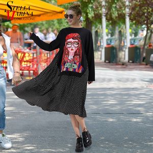 Winter Fashion Woman Black Casual Cartoon Dress Beaded Polka Dots Print Long Sleeve Ladies Cute Midi Dress robe femme 3243 210303