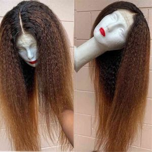 Natural Ombre Blonde Yaki 24inch Soft Long Kinky Straight Lace Front Wig Black Women With Babyhair Prepluched Deep Part 220707