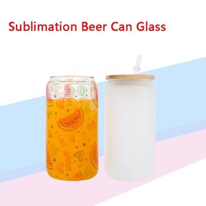 16oz Sublimation Glass Beer Mugs Frosted Clear Can Shaped Tumbler Cups with Bamboo Lid Plastic Straw Coffee Soda Glasses Party Supplies 0321