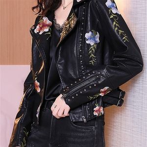 FTLZZ Spring Autumn Women Biker Leather Jacket Floral Print broderi PU Läderjacka Turndown Collar Zipper Jacket 220815