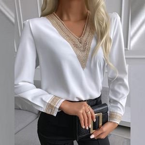 Blusas femininas camisas mulheres tops v pescoço bordado sólido blusas de outono renda crochê cetim de seda camisa de chiffon feminino de manga comprida