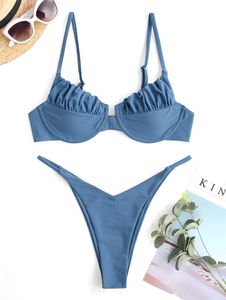 Kvinnors badkläder Zaful 2022 Ruched String Bikini Female Thong Sexig Micro 2 Piece Bathing Suits Swimming Pool Party Wear