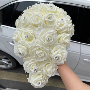 Long Waterfall Wedding Bouquet Bride Bridesmaid Pearl PE Rose Flower for Marriage W330PE 220408