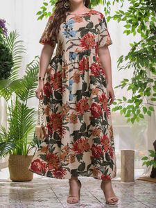 Artı Boyutu Elbiseler 2022 Yaz Uzun Elbise Kadın Pamuk ve Keten O Boyun Kısa Kollu Çiçek Baskı Rahat Giyim