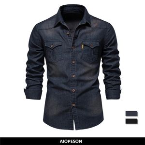 AIOPESON Brand Elastic Cotton Denim Shirt Long Sleeve Quality Cowboy Shirts for Casual Slim Fit Mens Designer Clothing 220811
