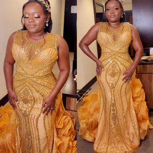 2022 Plus Size Arabisch Aso Ebi Luxuriöse Meerjungfrau Gold Ballkleider Sheer Neck Abend Formale Party Zweiter Empfang Geburtstag Verlobungskleider Kleid ZJ506