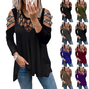 Women's TShirt Autumn Winter Sexy Fashion V Neck Solid Color Off Shoulder Tshirt Hollow Out Drill Casual Loose Long Sleeve Top 230206