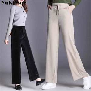 high waist Corduroy wide leg pants for women elastic winter warm thick straight pants female trousers Plus size 5XL 6XL 210412