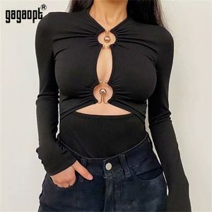Gagaopt Sexy Open Front Bodysuits Женщины черные длинные осенние стройные ромгеры женские комбинезоны базовые игровые вершины 220505