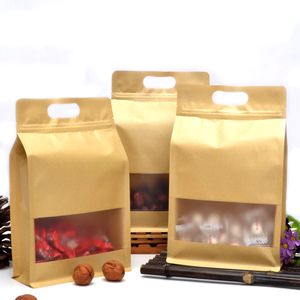 Multi-sizes Eight Sides Kraft Pets Food Storage Bags Standing Brown Candy Packing Zip Lock Packaging Bag with Handle Holder and Window on Front