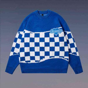 Harajuku Handsome Pullover Sweaters Men Oversized Checkerboard Letter Embroidery O Neck Casual Street Loose Couples Pullovers T220730