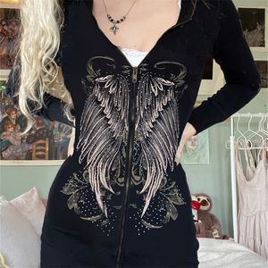 Rockmore goth grafisk tryck huva klänning mörk akademisk svart zip upp långärmad bodycon kvinnor miniklänningar grunge fairycore 226014