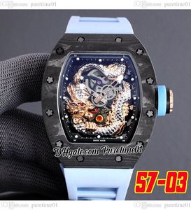 2022 Fibra di carbonio TPT Miyota Tourbillon automatico Orologio da uomo 3D Zaffiro Drago Scheletro Quadrante Cinturino in caucciù blu Super Edition Jack Chen Puretime01 E280-5703-a1