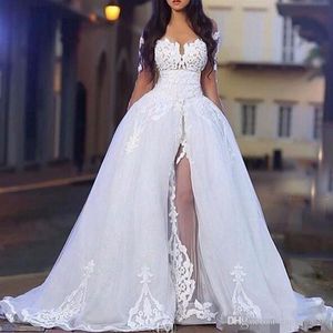 Wholesale black beaded ankle length dresses for sale - Group buy Elegant Wedding Dresses with Overskirt Off the Shoulder Long Sleeve Lace Bridal Gowns with Detachable Train207Q