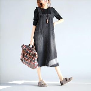 Casual Dresses #2401 Spring Summer Denim Women Overalls Dress Loose Black/Blue Pockets Vintage Jeans Spaghetti Strap Female