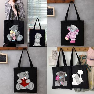 Women's Black Shopping Bags Canvas Commuter Vest Bag Cotton Cloth Cartoon Bear Series Supermarket Grocery Handbags Tote School Bag