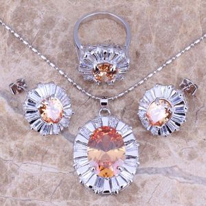 Earrings & Necklace Champagne Morganite White CZ Silver Plated Jewelry Sets Pendant Ring Size 6 7 8 9 10 S0055Earrings