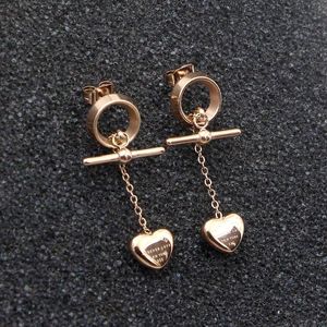 Stud Round Ring Peach Heart Tassel Titanium Steel Rose Gold Earrings Fashion Girls WholesaleStud
