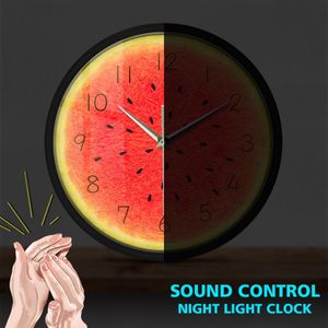 Wall Clocks Summer Time Watermelon Metal Frame Round Clock Tropical Kitchen Sound Control Watch Fruit Style Silent Quartz FrameWall WallWall