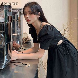 Dresses Women Puff Sleeve French Style Summer Newest Design Black Office Lady Simple Vestido Midi Square Collar Elegant Retro G220412