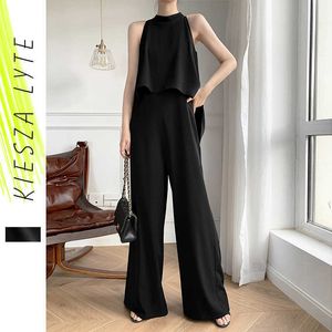 Black Jumpsuit Womens Summer Loose High Waist Thin Fashion Long Wide Leg Romper Jumpsuits 210608