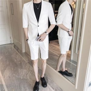 2021 Summer Beach Men Suits White Sleeve Short Pants Wedding Suits Custom Made Slim Fit Casual Tuxedos Man Blazer Fashion Men255T