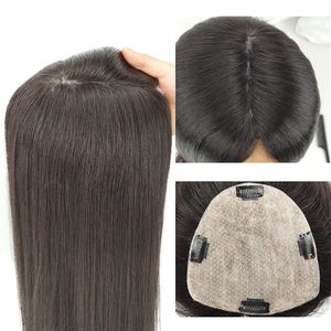 Remy Slik Base Human Hair Topper for Women Natural Black color Straight Clip in Pieces 13x15cm