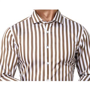 豪華な男シャツダークブラウンチョークストライプドレスシャツの男性シャツテーラーメイドシャツコーヒーストライプコットンビジネスシャツ220516