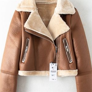 Ftlzz Winter Brown marrom jaqueta de couro Faux Fur quente Casaco curto Biker Streetwear Leather Moto Jaqueta Faux Lamb Leather Jackets 220815