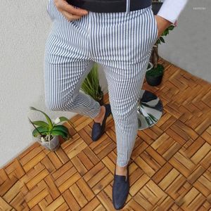 Herrbyxor inomhuspojke byxor blixtlås stripe elastisk midja blyerts casual mager mäns byxor