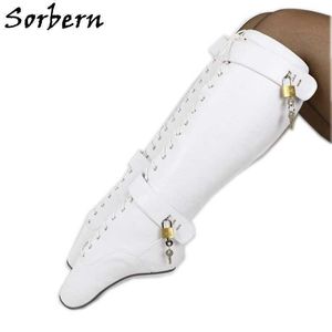 Sorbern Lockable Herelless Lace Up Med Calf Boots Kobiety Balet Obcasy Fetyszowe Buty 4 Kłódki Białe Matte Custom Colors Duży rozmiar