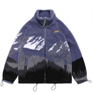 Lambswool Jacket Coat Men Snow Mountain Printed Winter Thick Warm Hiphop Streetwear Windbreaker Fashion Oversized Varsity Jacket T220728