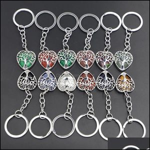 Nyckelringar smycken Natural Stone Heart Shaped Original Keychain Tree of Life Lucky Ring Car Decor Bag Keyring Reiki Fashion Accesso DH2UI